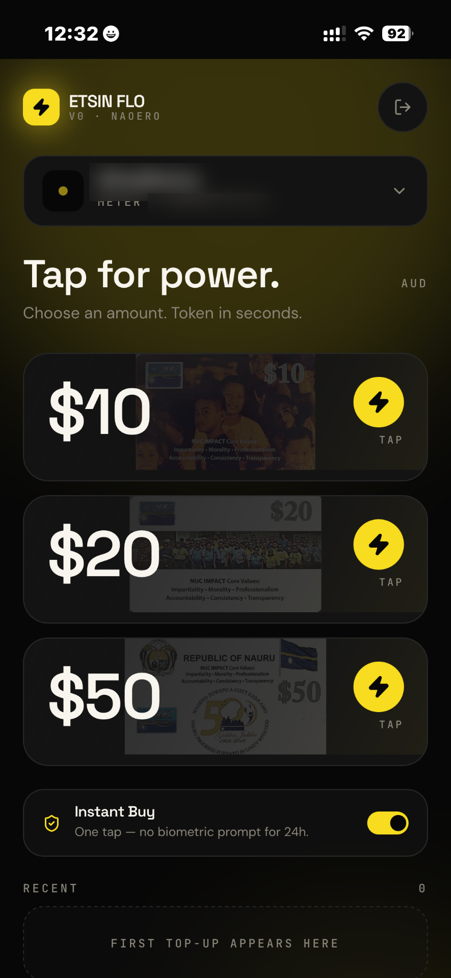 ETSIN FLO app on a phone showing electricity top-up options